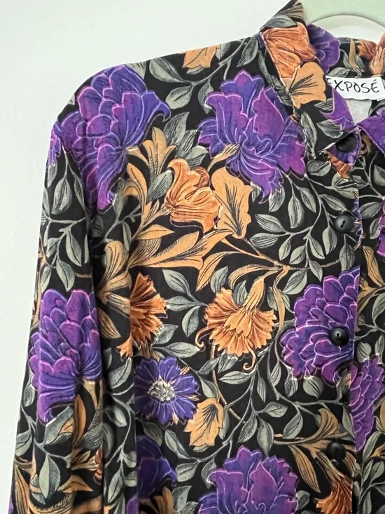 Vintage 90s Exposé Black & Purple Floral Button Up Long Sleeve Shirt Retro Large - Picture 2 of 11